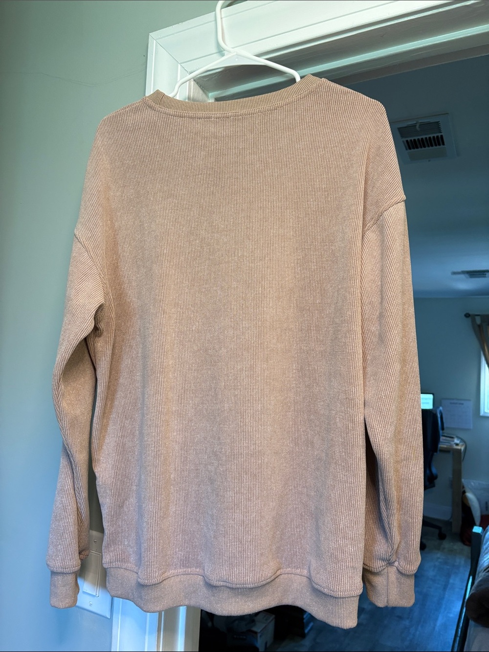 Women’s Crewneck Sweater with Leopard Bow Graphic - Tan - Picture 5 of 5